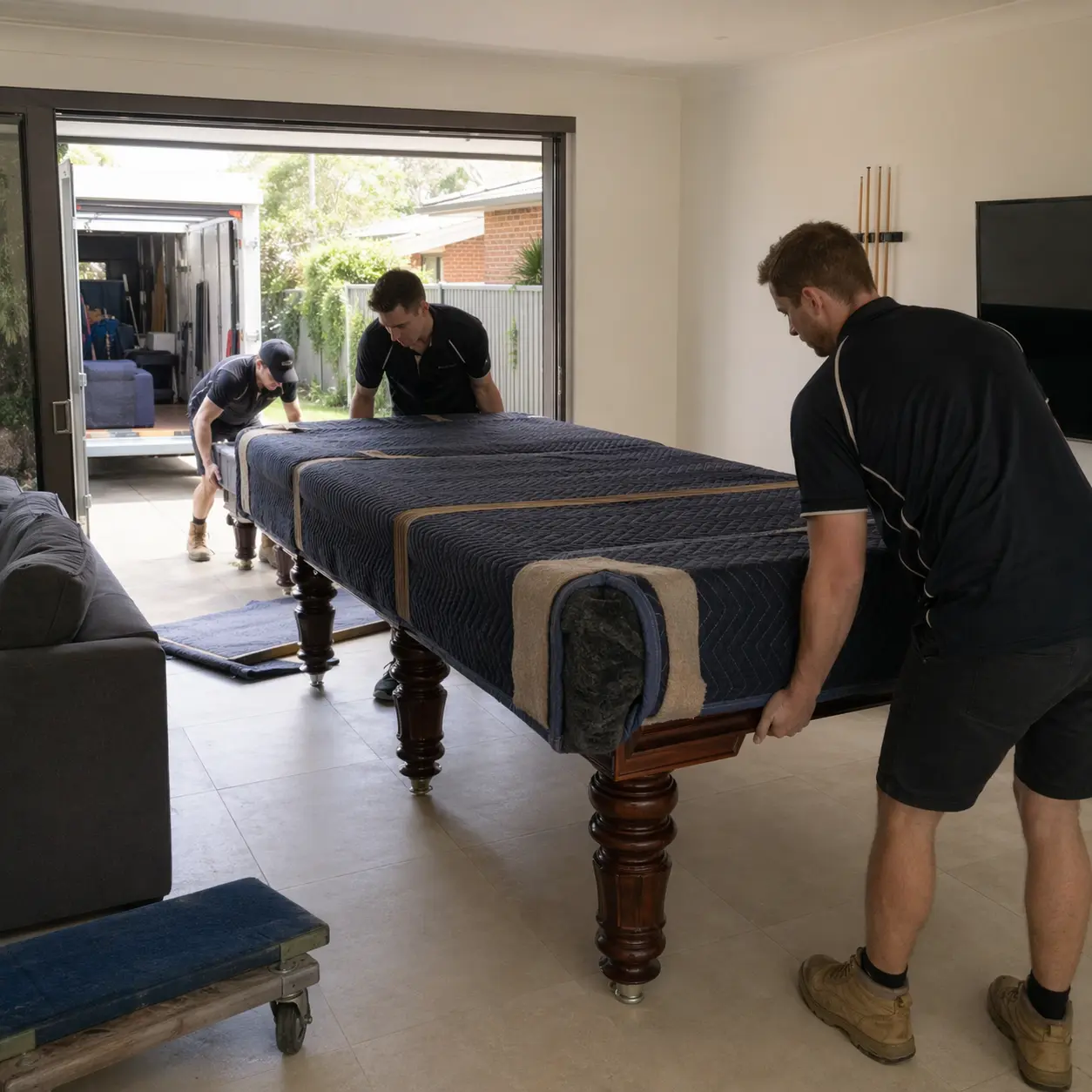 Pool table transport with careful disassembly and relocation