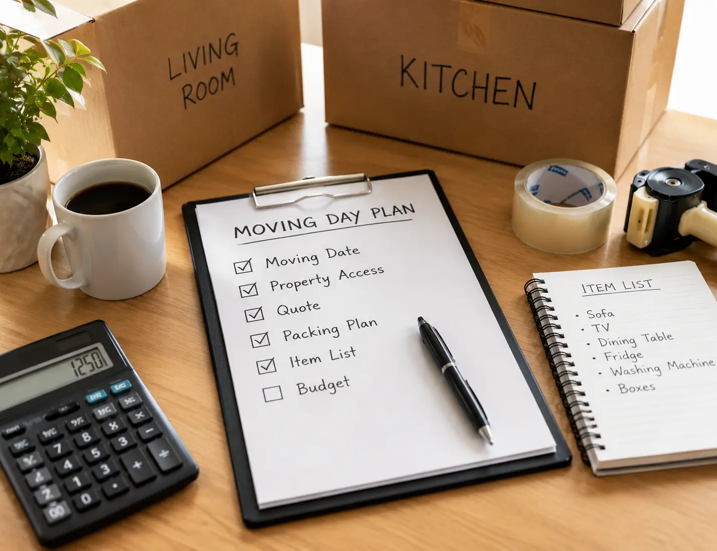 Moving day planning checklist with packing boxes and furniture preparation
