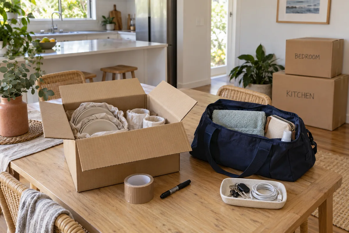 Packed kitchen items beside an overnight bag, keys and charging cable