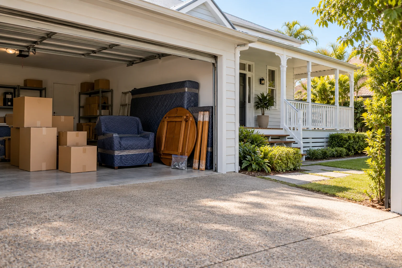 Illustrative bayside house with protected furniture, moving boxes and an open driveway for loading