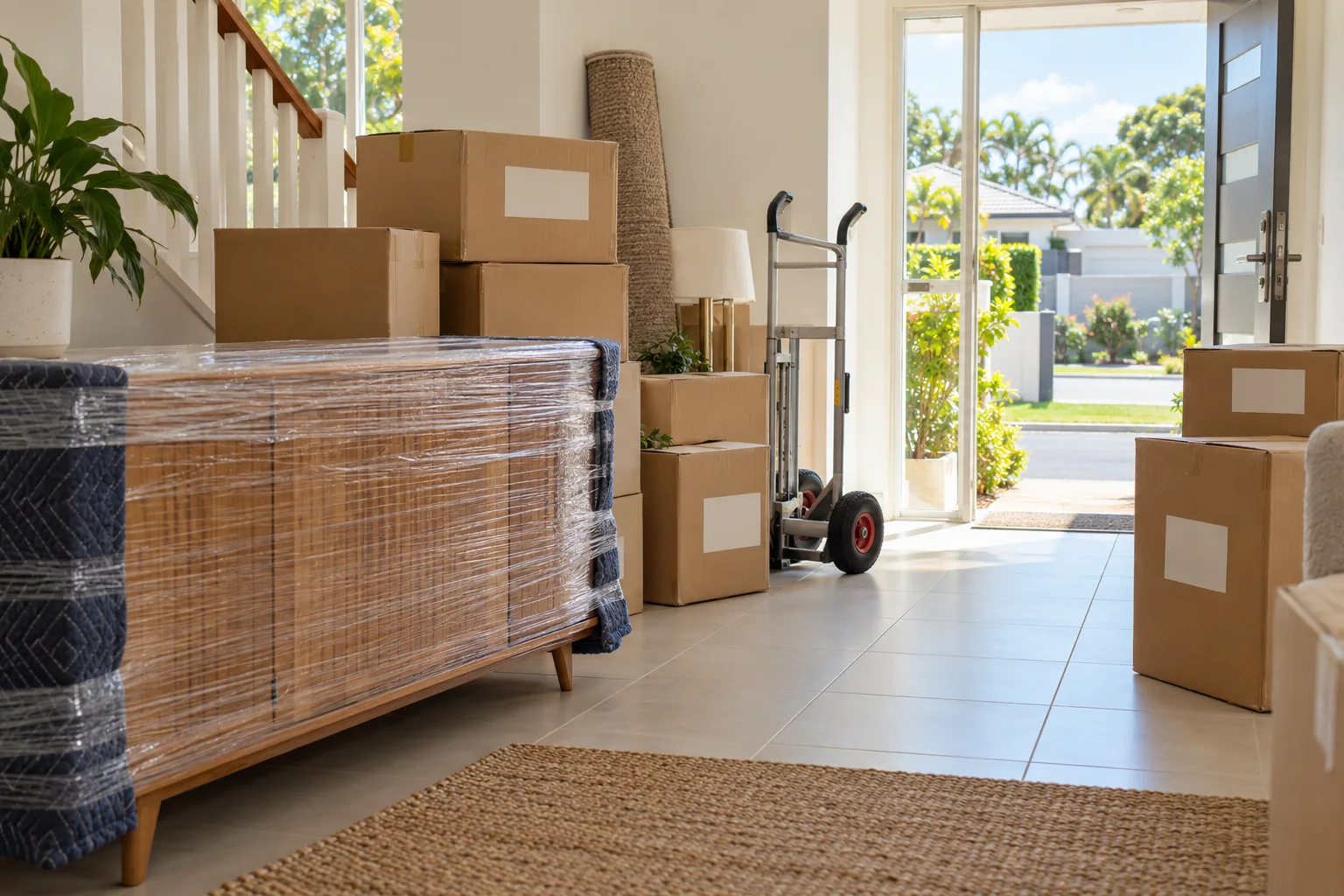 Illustrative Redland townhouse move with protected sideboard, cartons, hand trolley and open front door