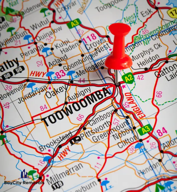 Toowoomba map showing Newtown suburb for removalist services and moving routes